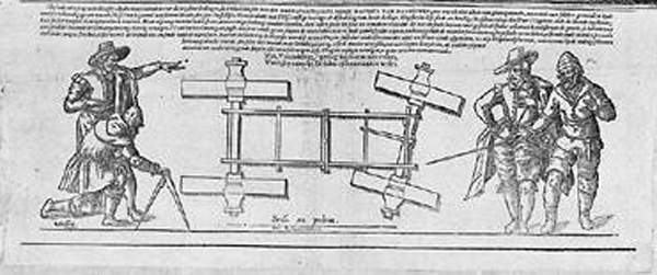 Механізм павароту і будова рамы ветразніка. Фрагмент гравюры 'The sailing Chariot' (аўтар Jacques de Gheyn II, год стварэння 1603, месца знаходжання Rijksmuseum у Галандыі)